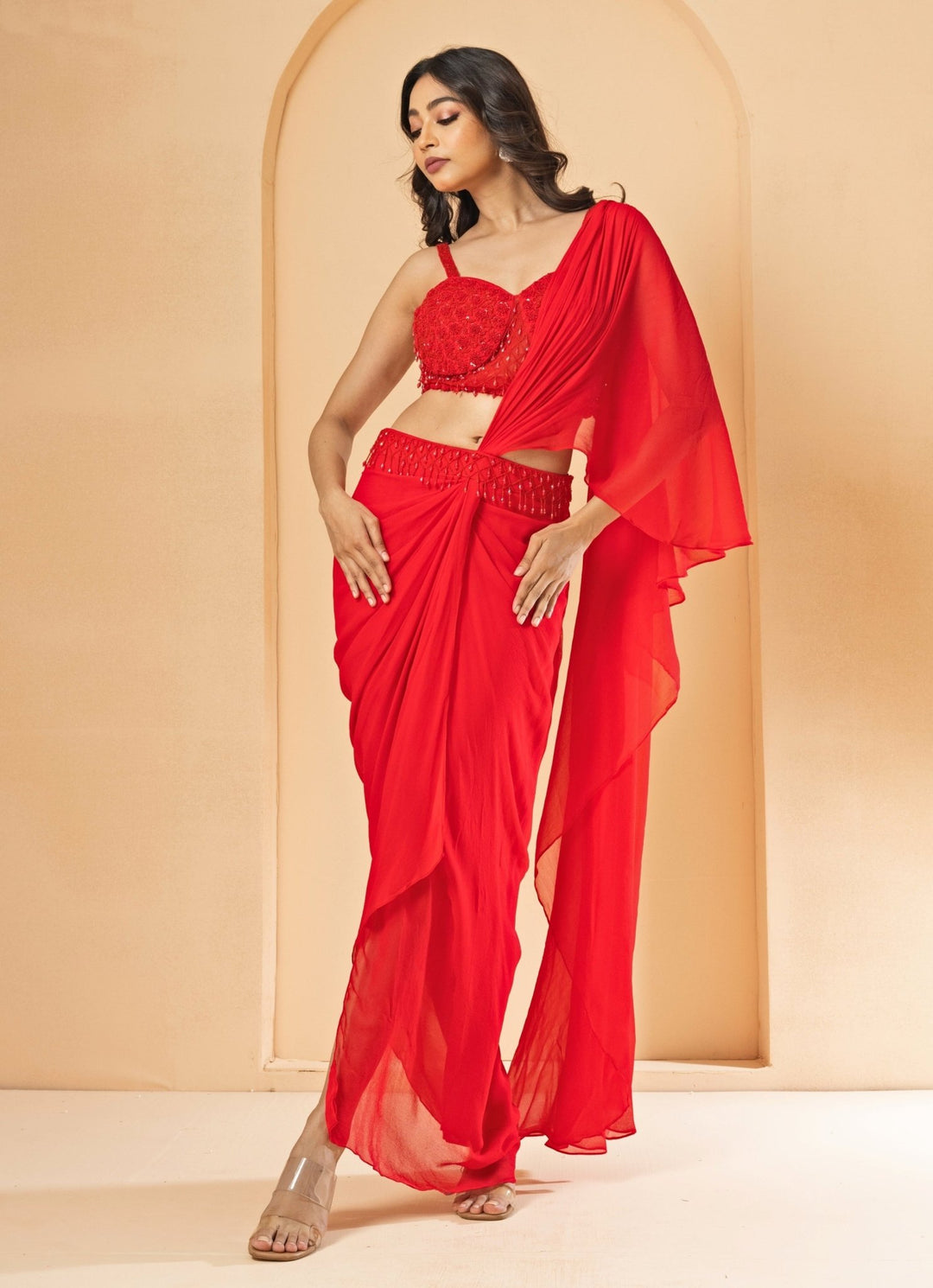 Red Pre - Stitched and Draped Georgette Saree Quench A Thirst - Fabilicious Fashion