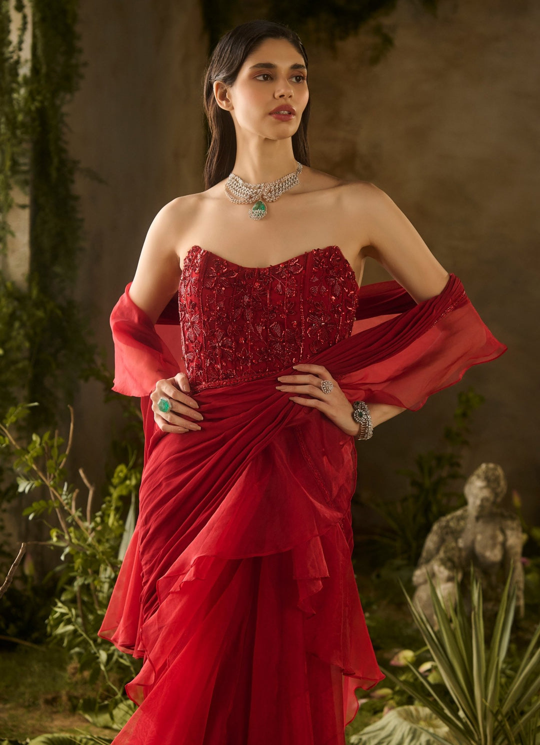 Red Predraped Georgette Ruffle Saree With Sequinned Corset Parul Gandhi - Fabilicious Fashion