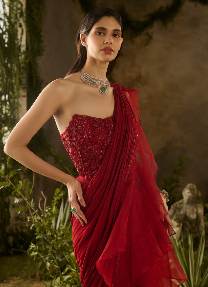 Red Predraped Georgette Ruffle Saree With Sequinned Corset Parul Gandhi - Fabilicious Fashion