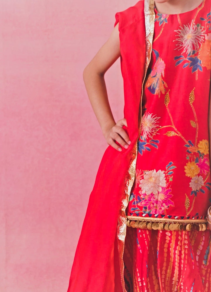 Chotibuti Red Printed Chanderi Kurta Sharara SetFabilicious Fashion