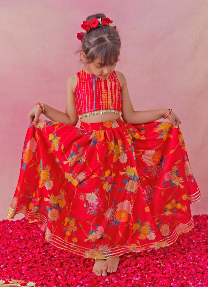 Red Printed Chanderi Lehenga Set Chotibuti - Fabilicious Fashion