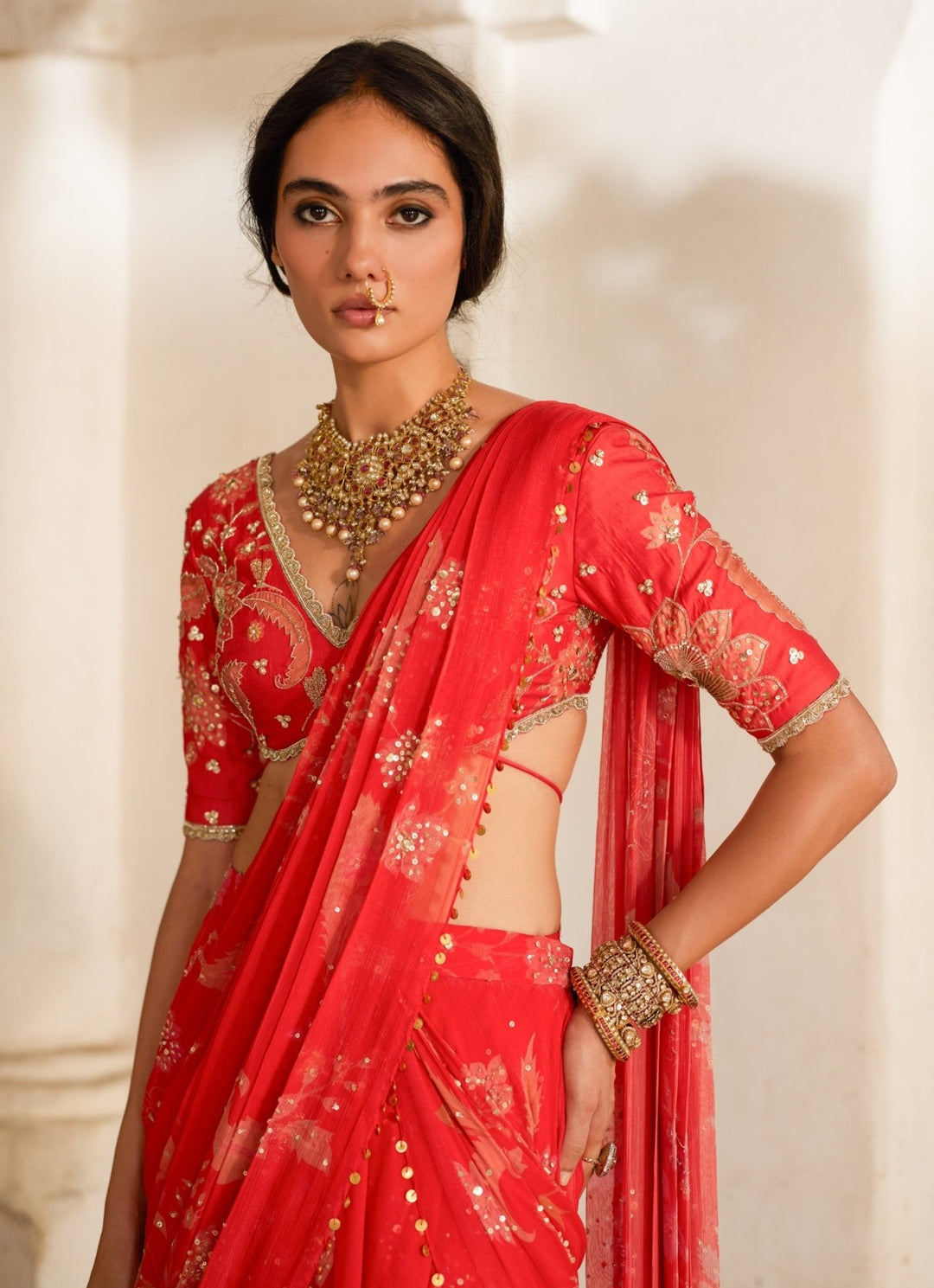 Red Printed Chiffon Pre - Draped Saree Paulmi and Harsh - Fabilicious Fashion