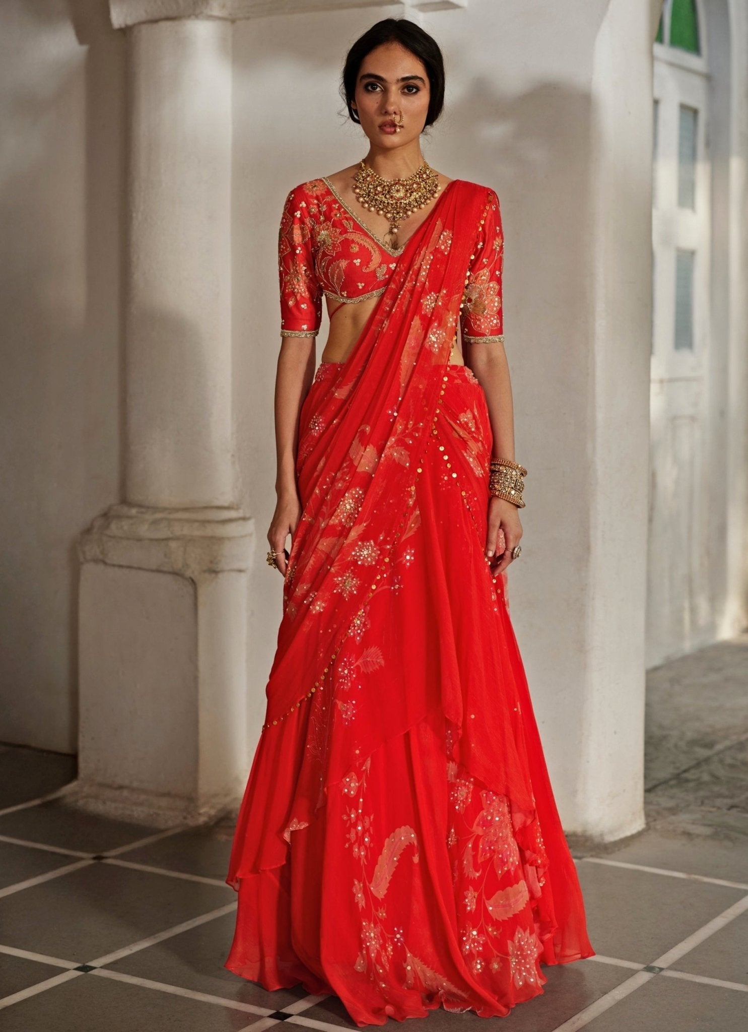 Red printed chiffon pre-draped saree Paulmi and Harsh