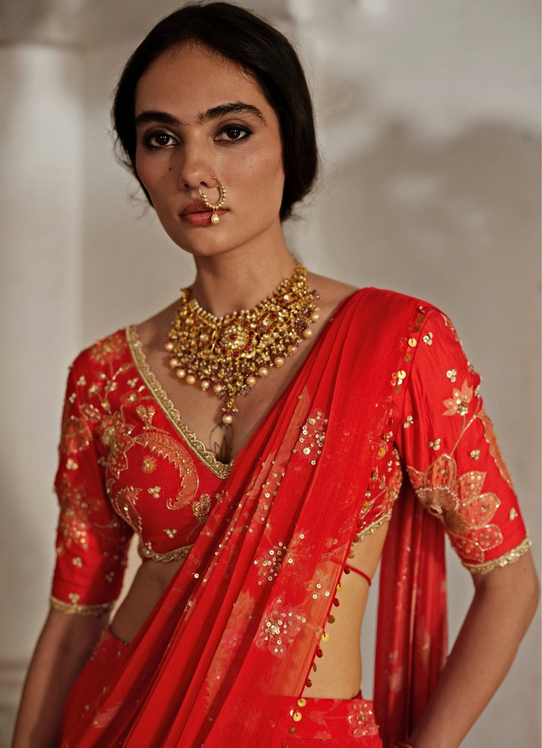 Red Printed Chiffon Pre - Draped Saree Paulmi and Harsh - Fabilicious Fashion