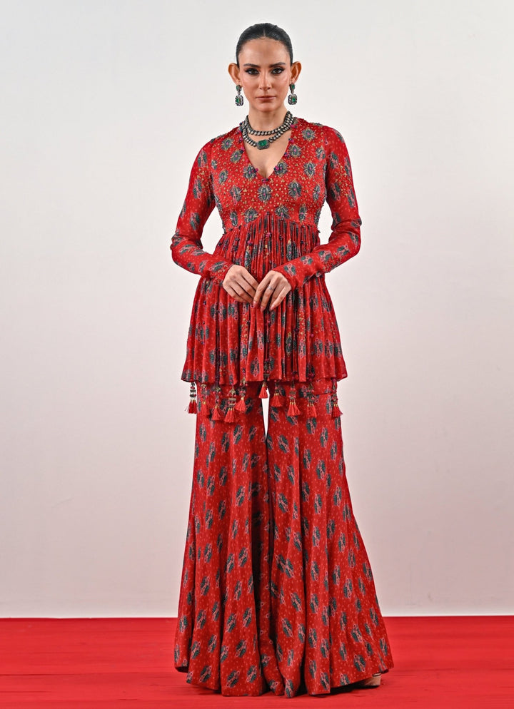 Red Printed Chinon Peplum Kurta Sharara Set Juhi Bengani - Fabilicious Fashion