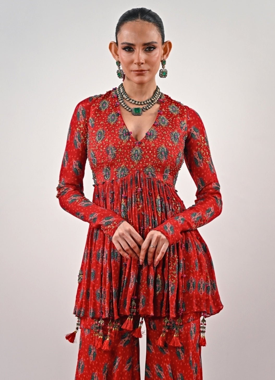 Red Printed Chinon Peplum Kurta Sharara Set Juhi Bengani - Fabilicious Fashion