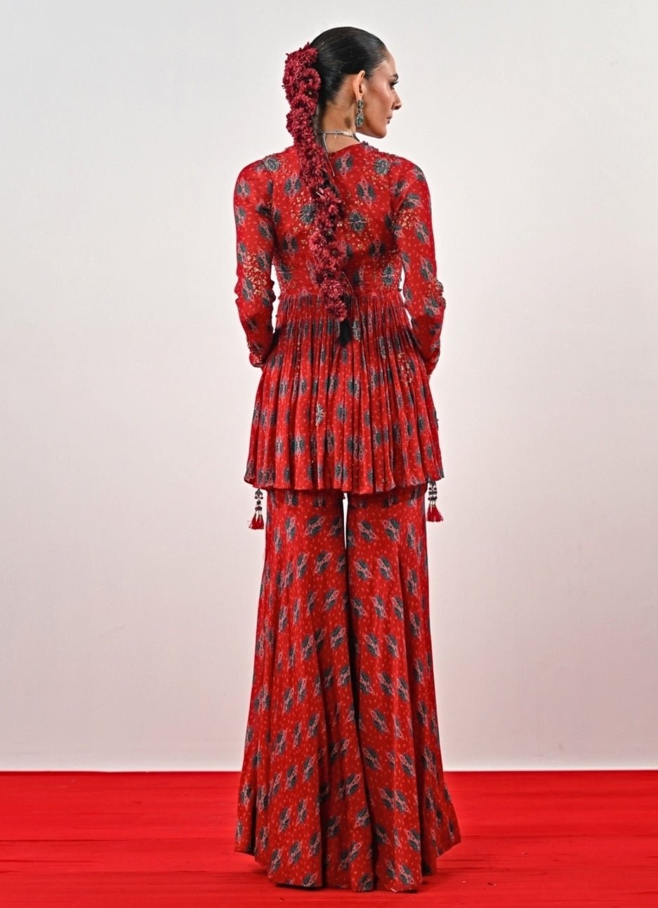 Red Printed Chinon Peplum Kurta Sharara Set Juhi Bengani - Fabilicious Fashion