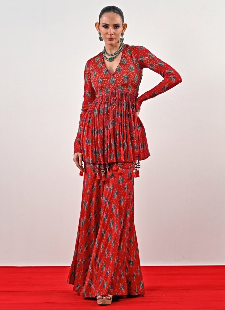 Red Printed Chinon Peplum Kurta Sharara Set Juhi Bengani - Fabilicious Fashion