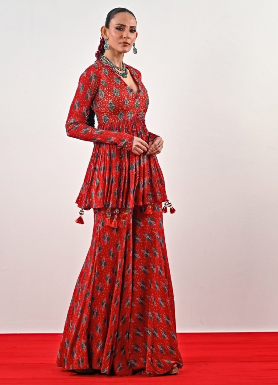 Red Printed Chinon Peplum Kurta Sharara Set Juhi Bengani - Fabilicious Fashion