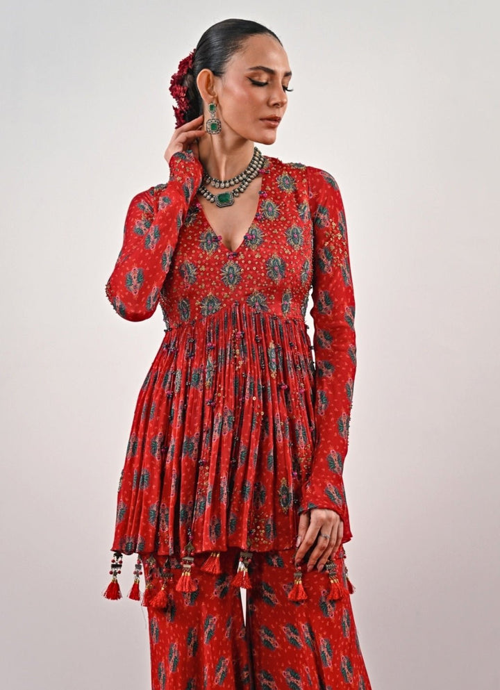 Red Printed Chinon Peplum Kurta Sharara Set Juhi Bengani - Fabilicious Fashion