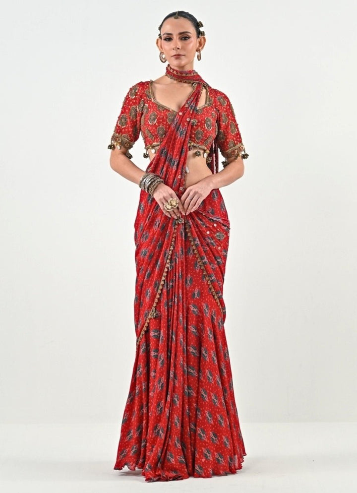 Red Printed Chinon Pre - Draped Saree Set Juhi Bengani - Fabilicious Fashion