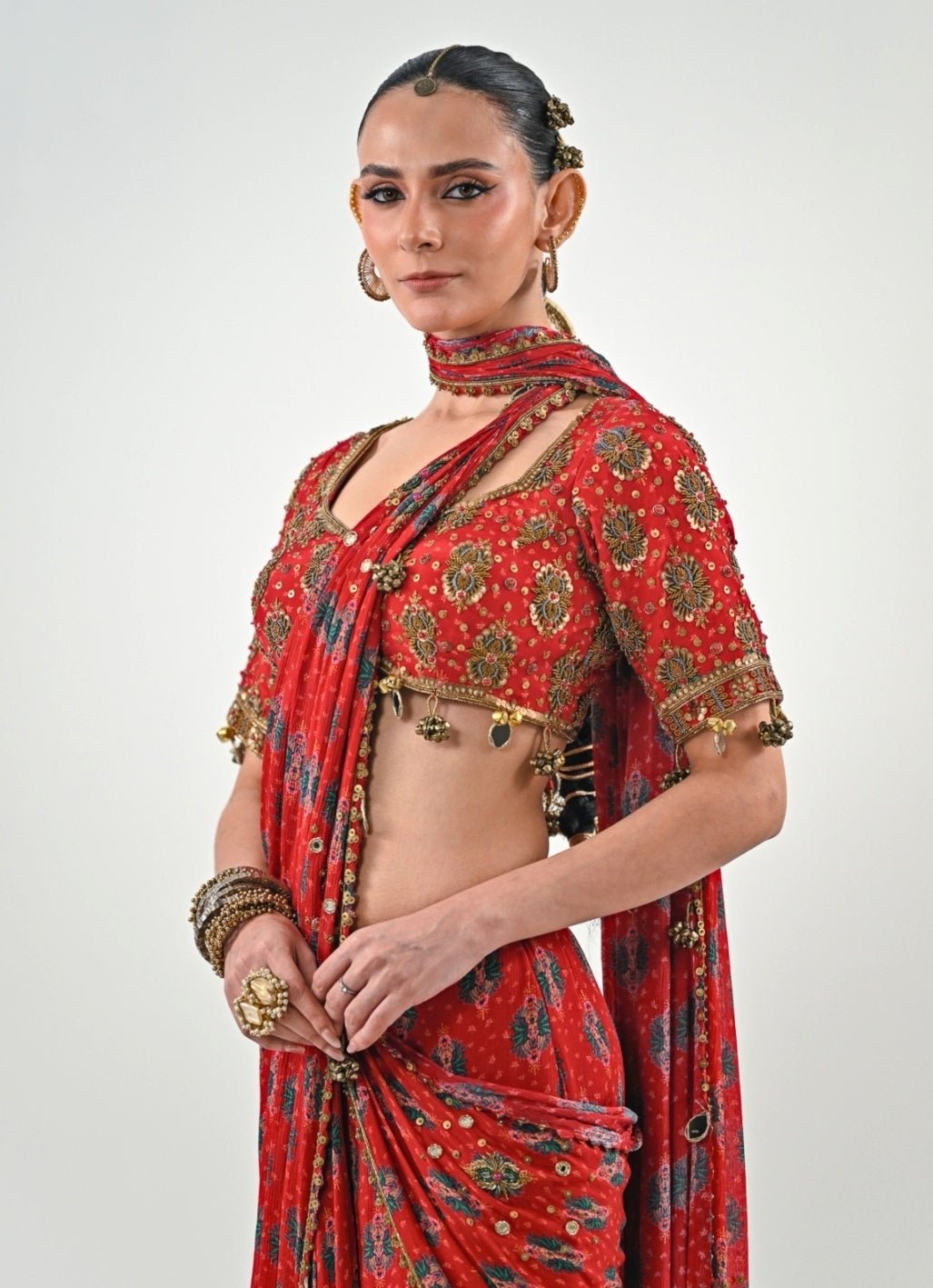 Red Printed Chinon Pre - Draped Saree Set Juhi Bengani - Fabilicious Fashion