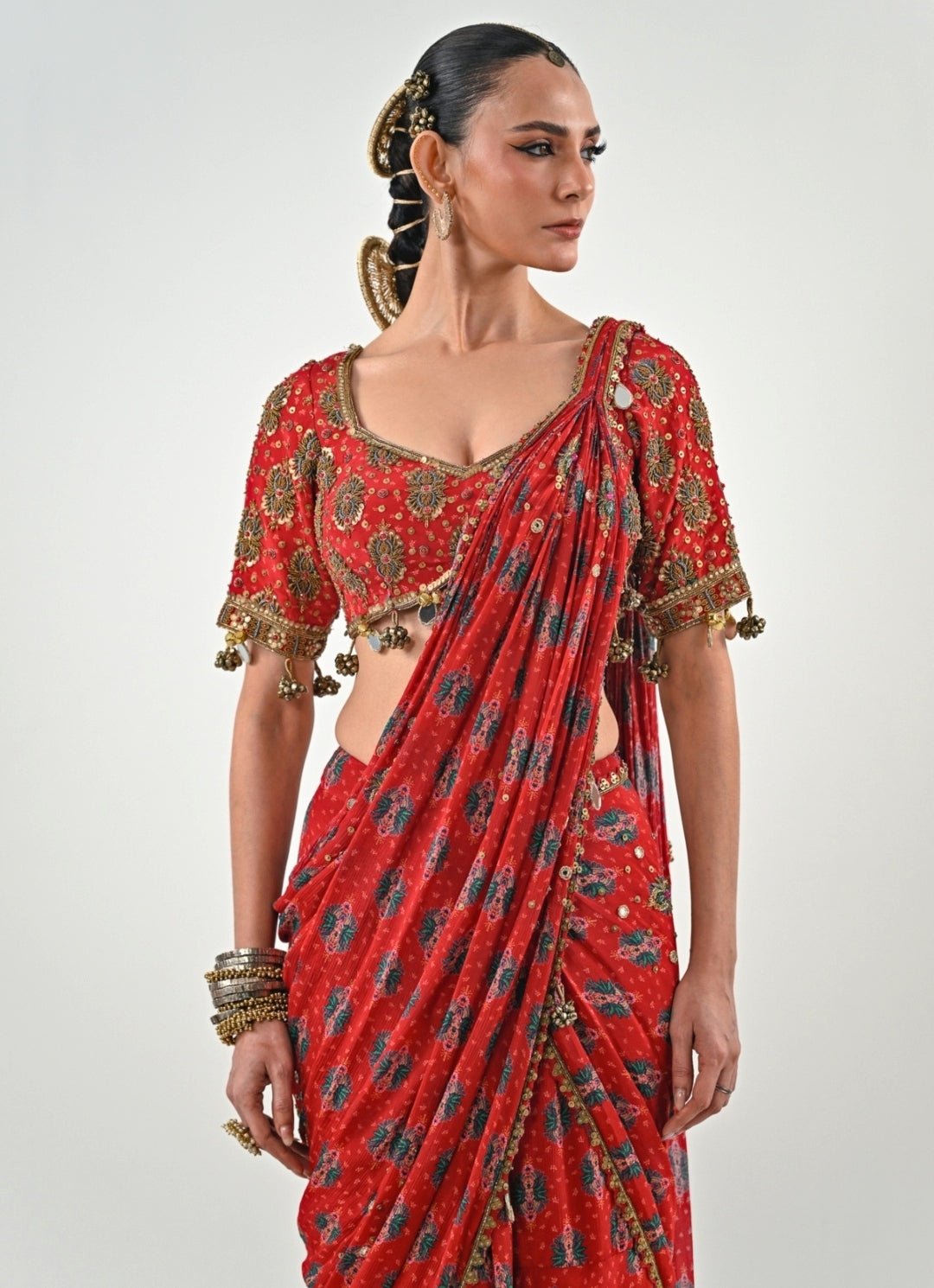 Red Printed Chinon Pre - Draped Saree Set Juhi Bengani - Fabilicious Fashion