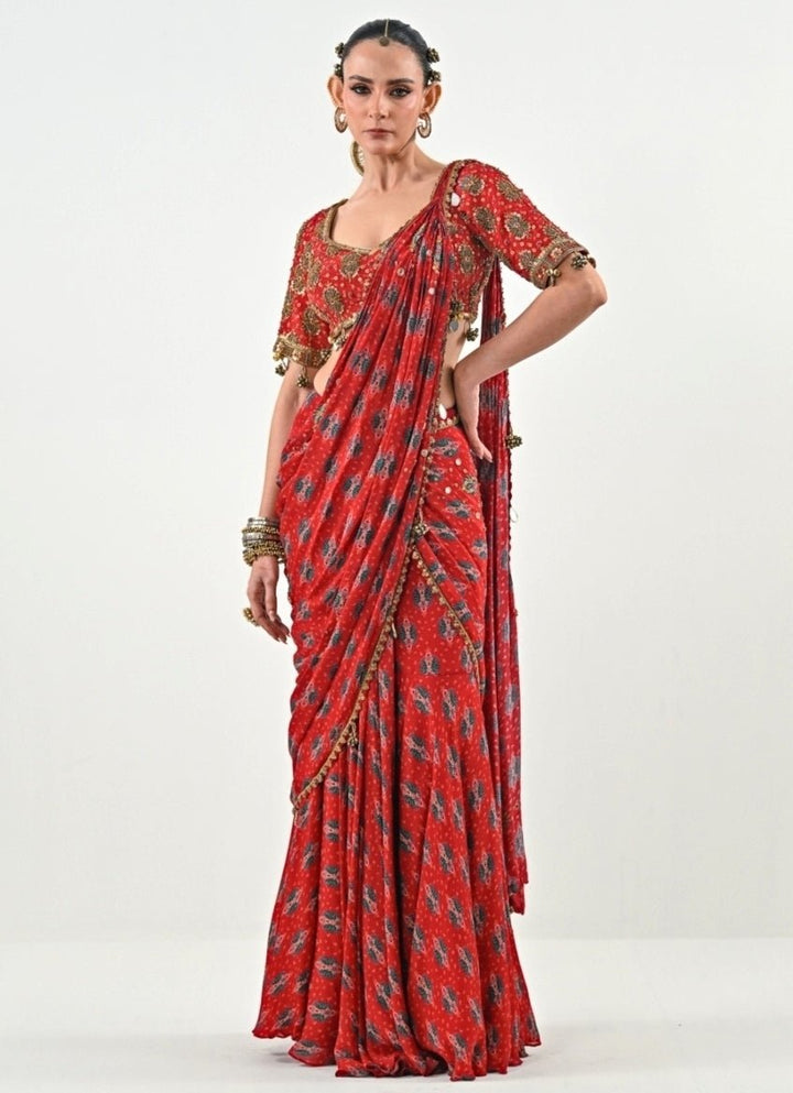 Red Printed Chinon Pre - Draped Saree Set Juhi Bengani - Fabilicious Fashion