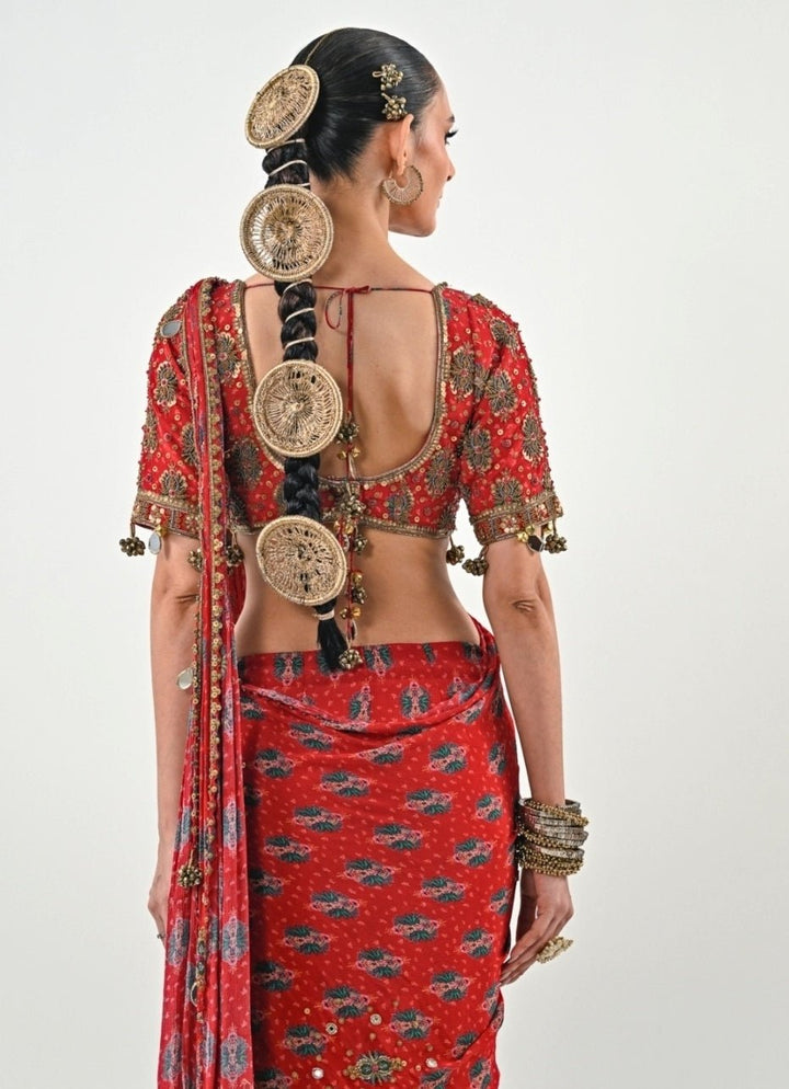 Red Printed Chinon Pre - Draped Saree Set Juhi Bengani - Fabilicious Fashion