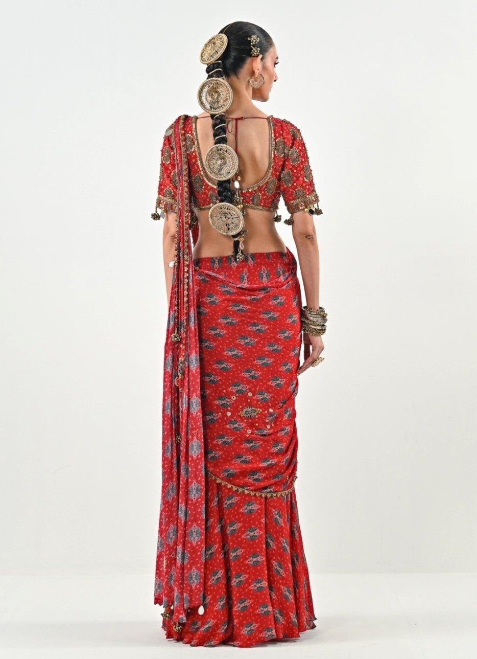 Red Printed Chinon Pre - Draped Saree Set Juhi Bengani - Fabilicious Fashion