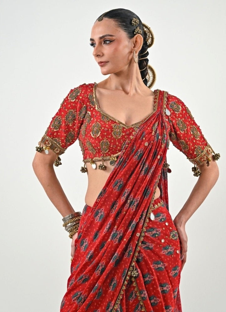 Red Printed Chinon Pre - Draped Saree Set Juhi Bengani - Fabilicious Fashion