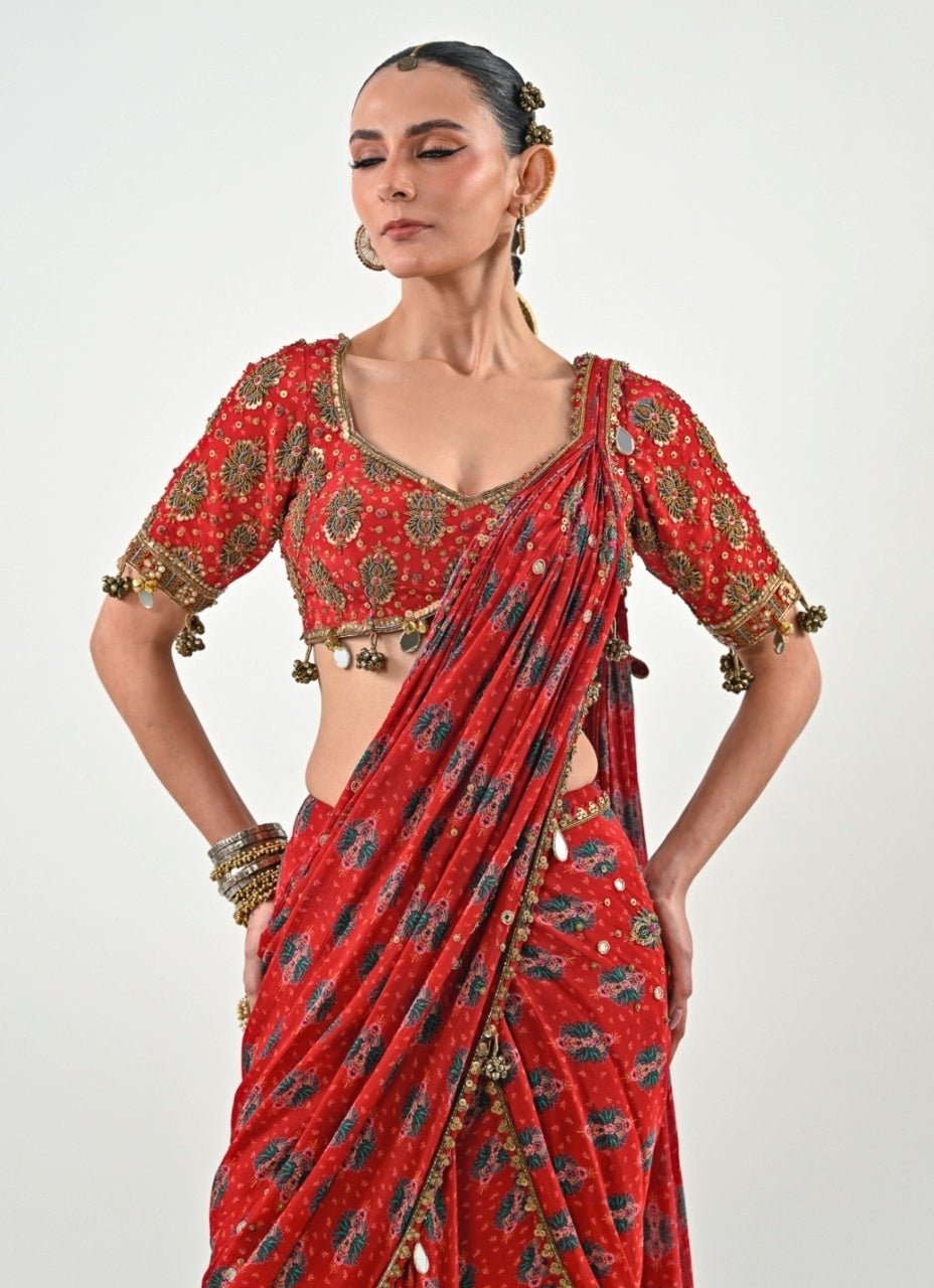 Red Printed Chinon Pre - Draped Saree Set Juhi Bengani - Fabilicious Fashion