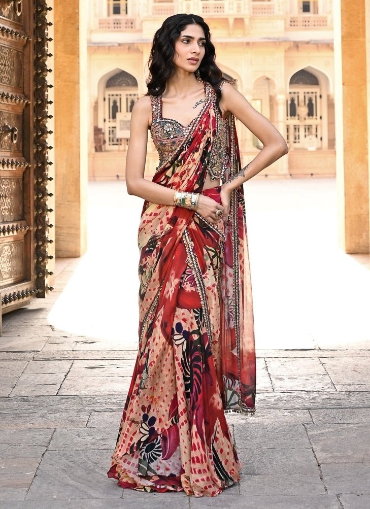Juhi Bengani Red Printed Chinon Pre-Draped SareeFabilicious Fashion