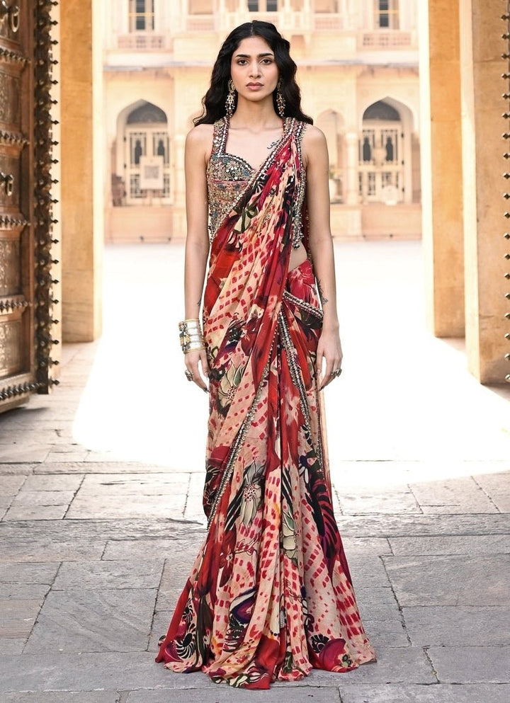 Juhi Bengani Red Printed Chinon Pre-Draped SareeFabilicious Fashion