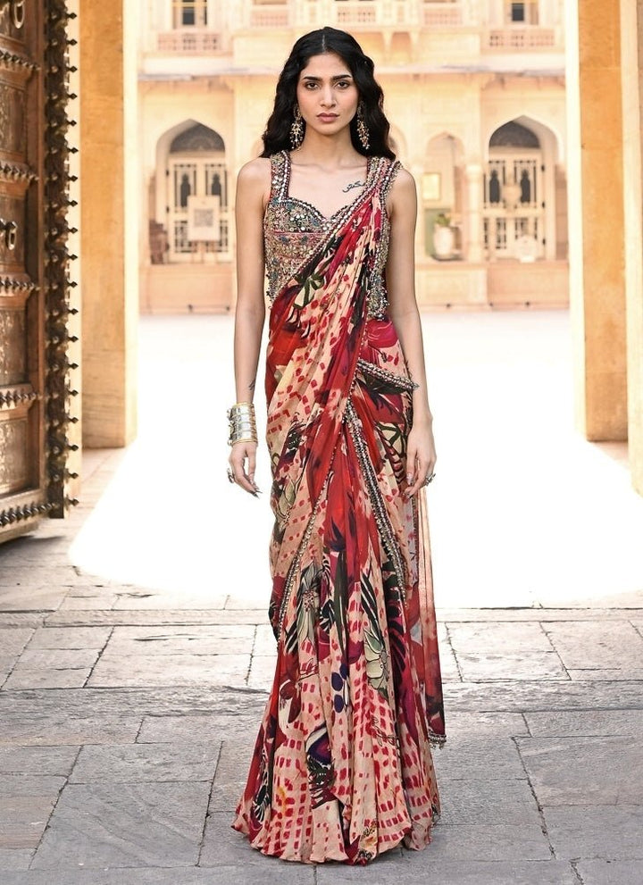 Juhi Bengani Red Printed Chinon Pre-Draped SareeFabilicious Fashion