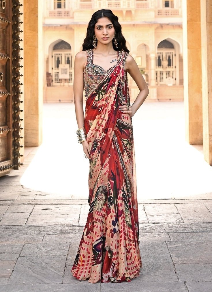 Juhi Bengani Red Printed Chinon Pre-Draped SareeFabilicious Fashion