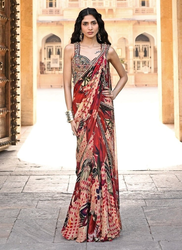 Juhi Bengani Red Printed Chinon Pre-Draped SareeFabilicious Fashion