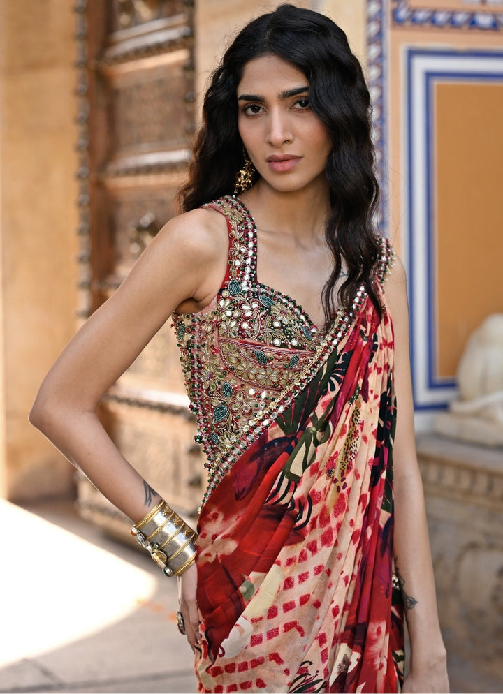 Juhi Bengani Red Printed Chinon Pre-Draped SareeFabilicious Fashion