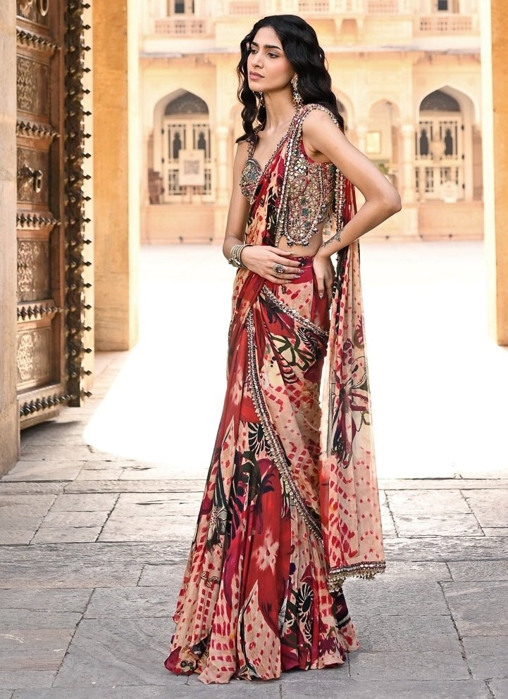 Juhi Bengani Red Printed Chinon Pre-Draped SareeFabilicious Fashion
