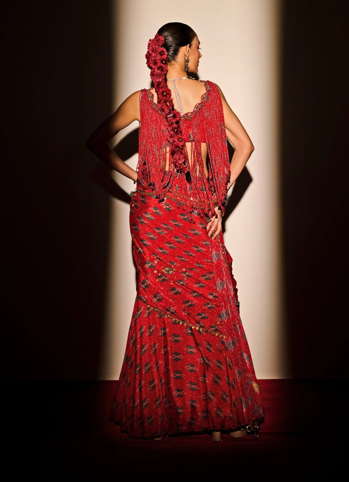 Red Printed Chinon Pre - Draped Saree Juhi Bengani - Fabilicious Fashion