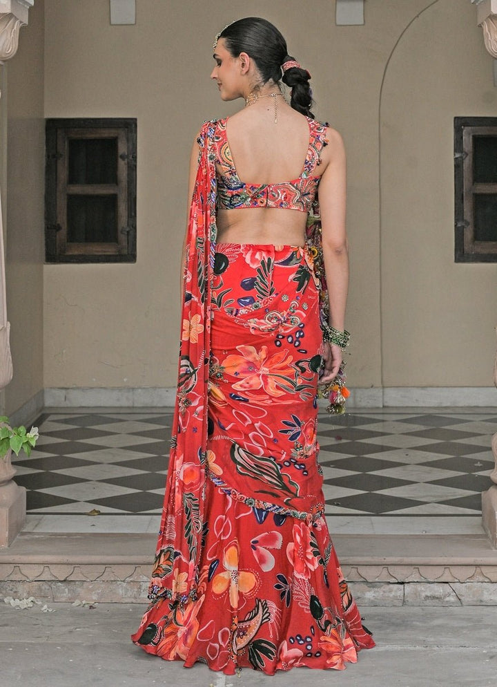 Red Printed Chinon Pre - Draped Saree Juhi Bengani - Fabilicious Fashion