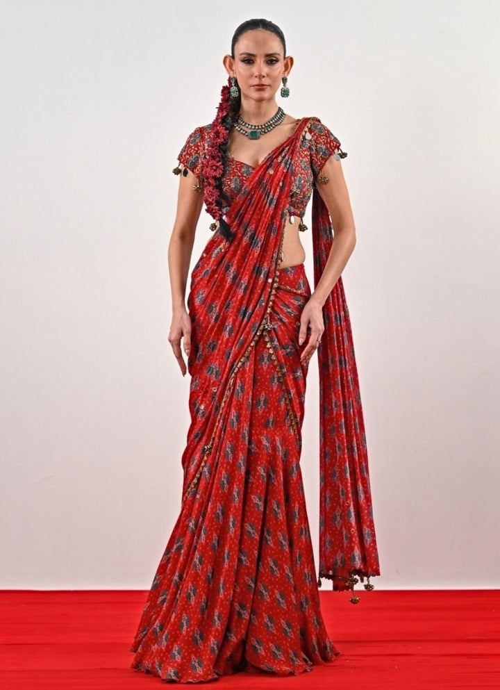 Red Printed Chinon Pre - Draped Saree Juhi Bengani - Fabilicious Fashion