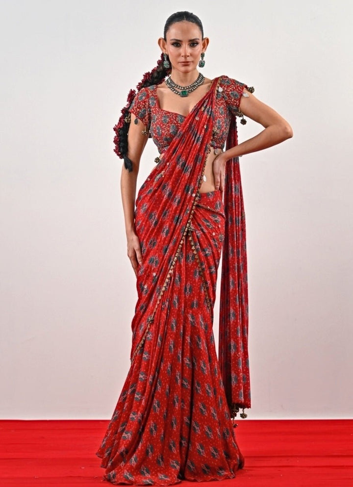 Red Printed Chinon Pre - Draped Saree Juhi Bengani - Fabilicious Fashion