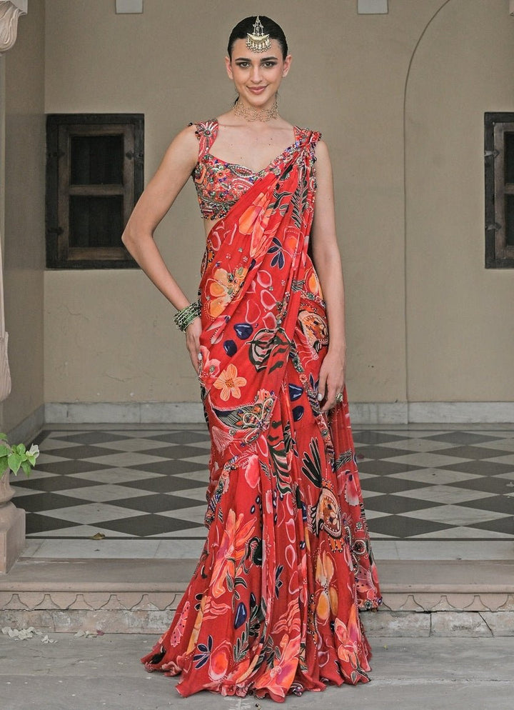 Red Printed Chinon Pre - Draped Saree Juhi Bengani - Fabilicious Fashion
