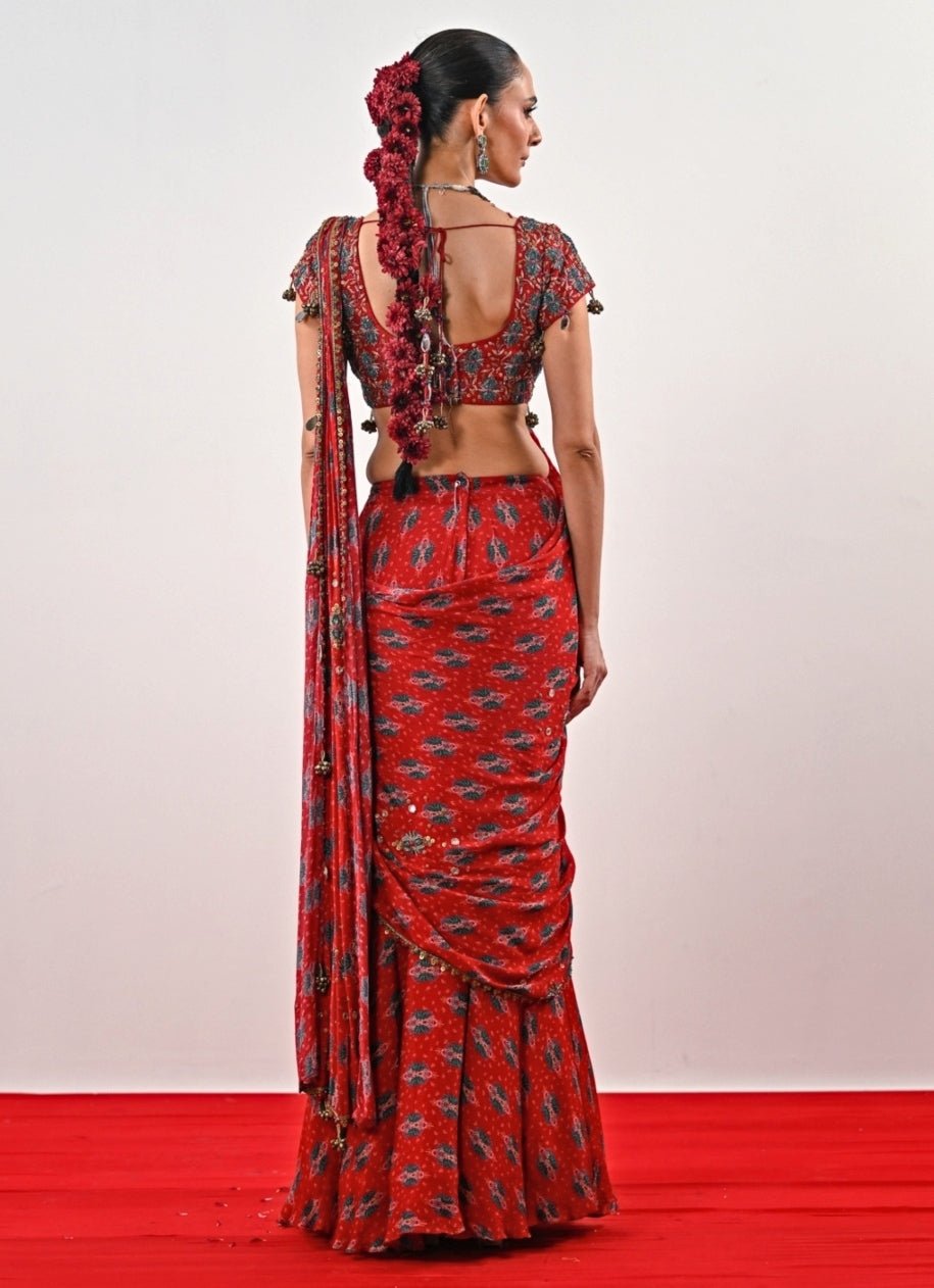 Red Printed Chinon Pre - Draped Saree Juhi Bengani - Fabilicious Fashion