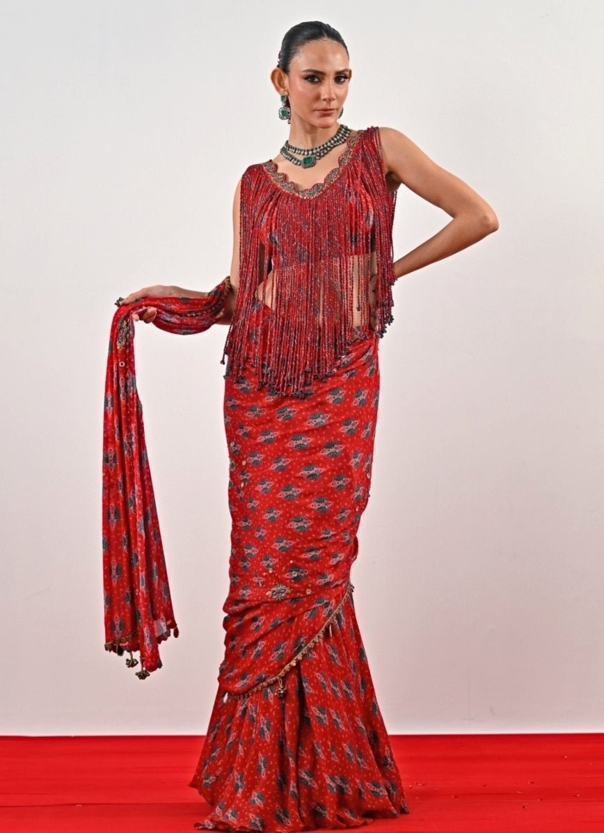 Red Printed Chinon Pre - Draped Saree Juhi Bengani - Fabilicious Fashion