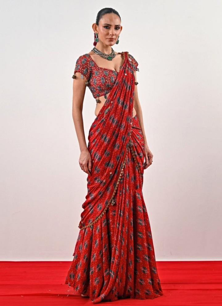 Red Printed Chinon Pre - Draped Saree Juhi Bengani - Fabilicious Fashion