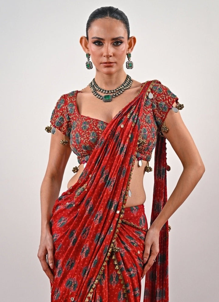 Red Printed Chinon Pre - Draped Saree Juhi Bengani - Fabilicious Fashion