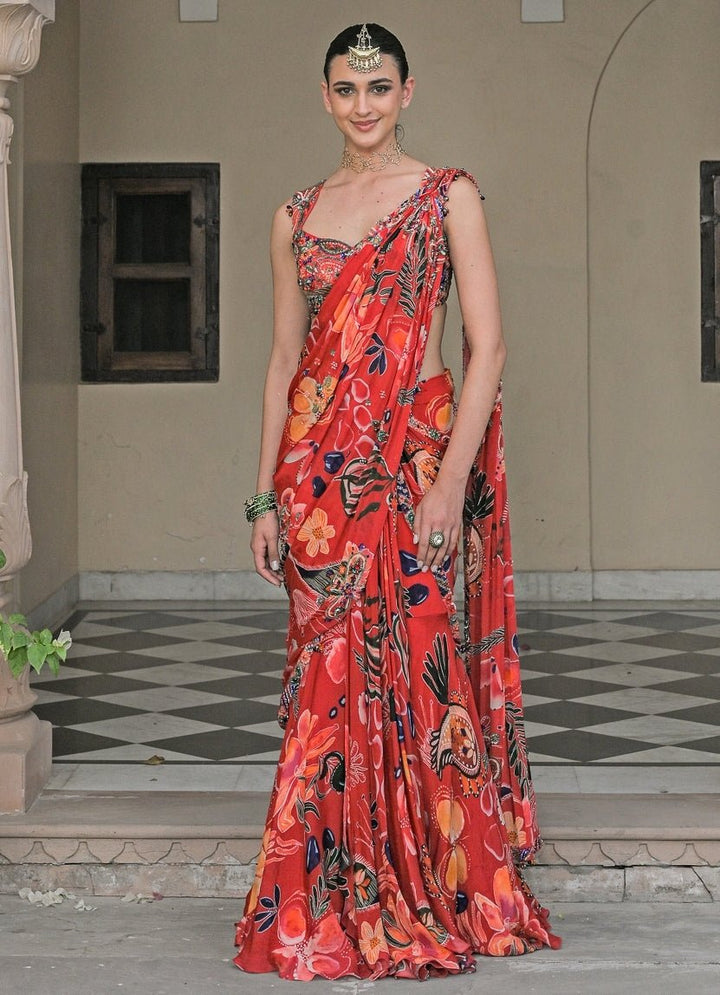 Red Printed Chinon Pre - Draped Saree Juhi Bengani - Fabilicious Fashion