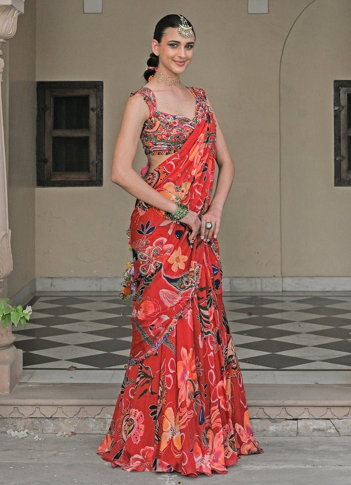 Red Printed Chinon Pre - Draped Saree Juhi Bengani - Fabilicious Fashion