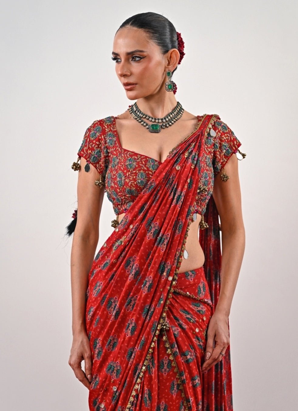Red Printed Chinon Pre - Draped Saree Juhi Bengani - Fabilicious Fashion