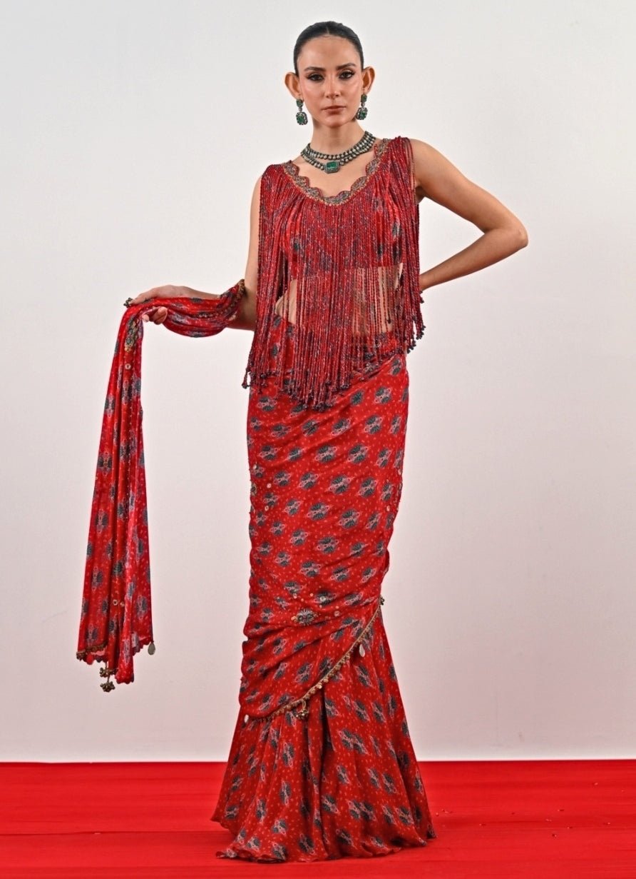 Red Printed Chinon Pre - Draped Saree Juhi Bengani - Fabilicious Fashion