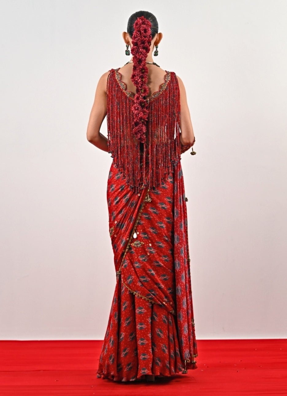 Red Printed Chinon Pre - Draped Saree Juhi Bengani - Fabilicious Fashion