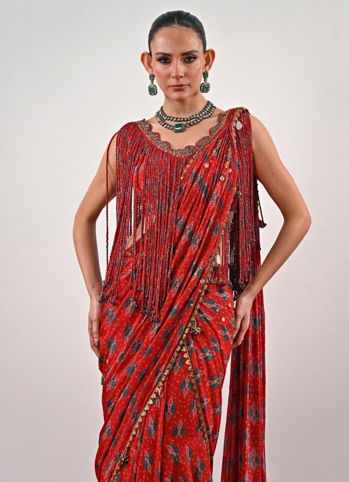 Red Printed Chinon Pre - Draped Saree Juhi Bengani - Fabilicious Fashion