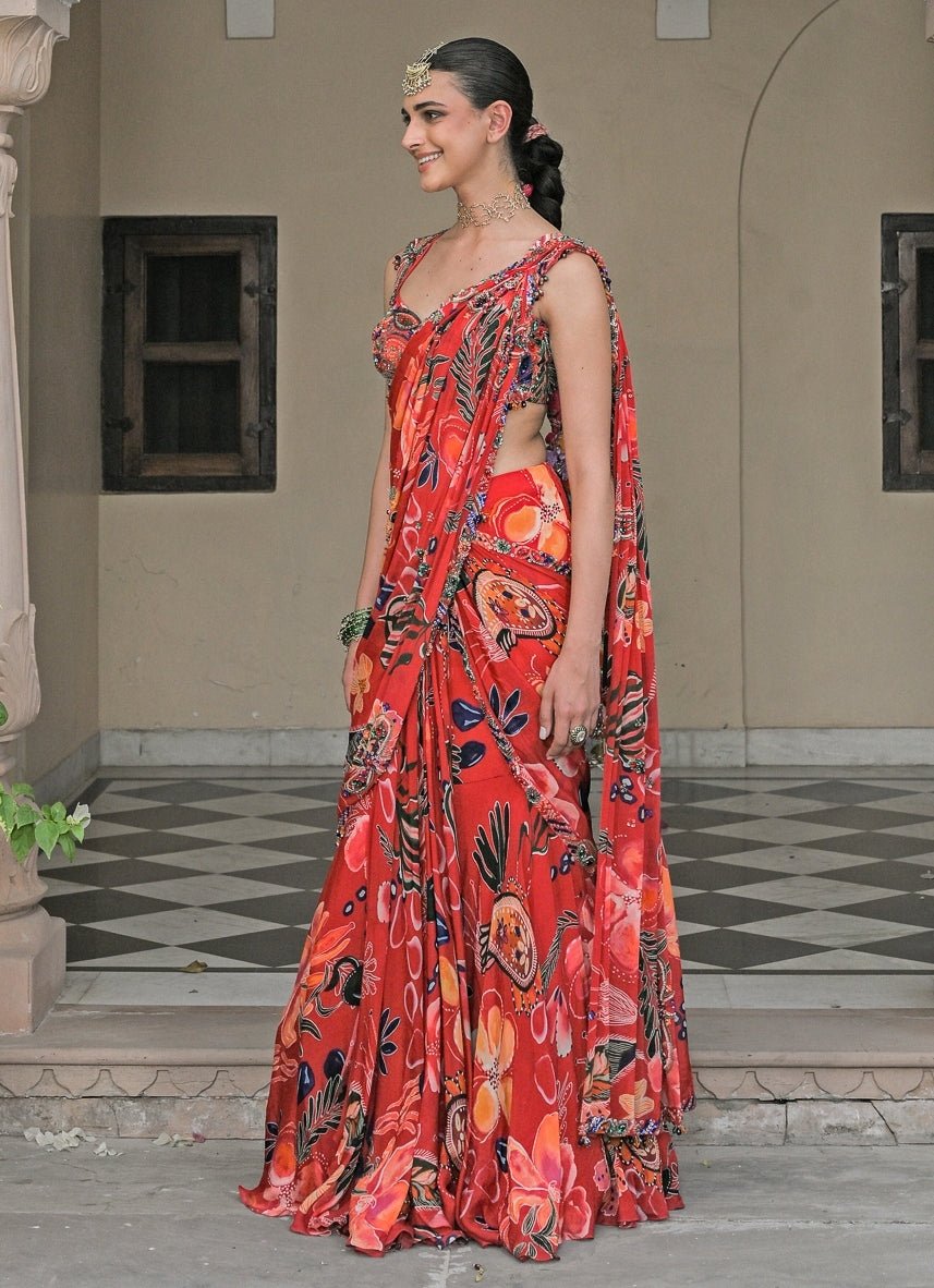 Red Printed Chinon Pre - Draped Saree Juhi Bengani - Fabilicious Fashion