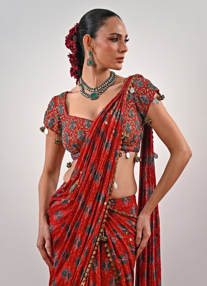 Red Printed Chinon Pre - Draped Saree Juhi Bengani - Fabilicious Fashion