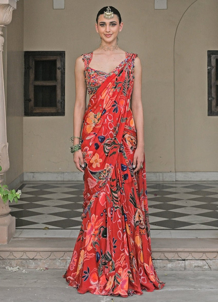 Red Printed Chinon Pre - Draped Saree Juhi Bengani - Fabilicious Fashion