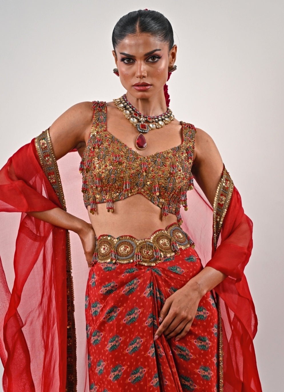 Red Printed Crepe Dhoti Set With Cape Juhi Bengani - Fabilicious Fashion