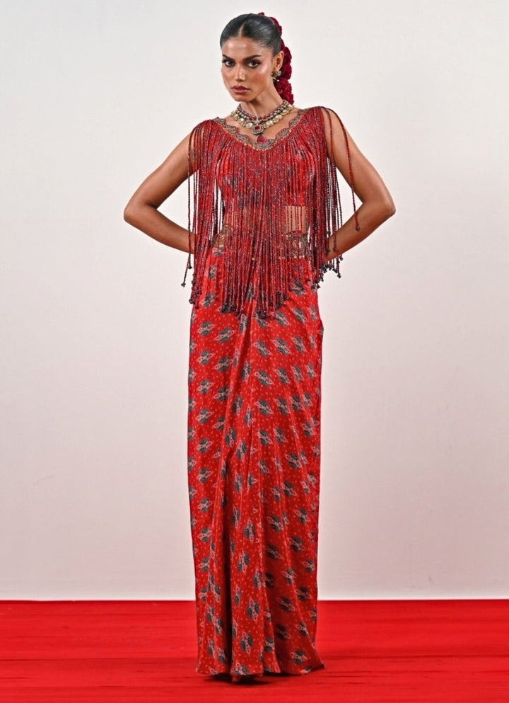 Red Printed Crepe Dhoti Set With Tassle Top Juhi Bengani - Fabilicious Fashion