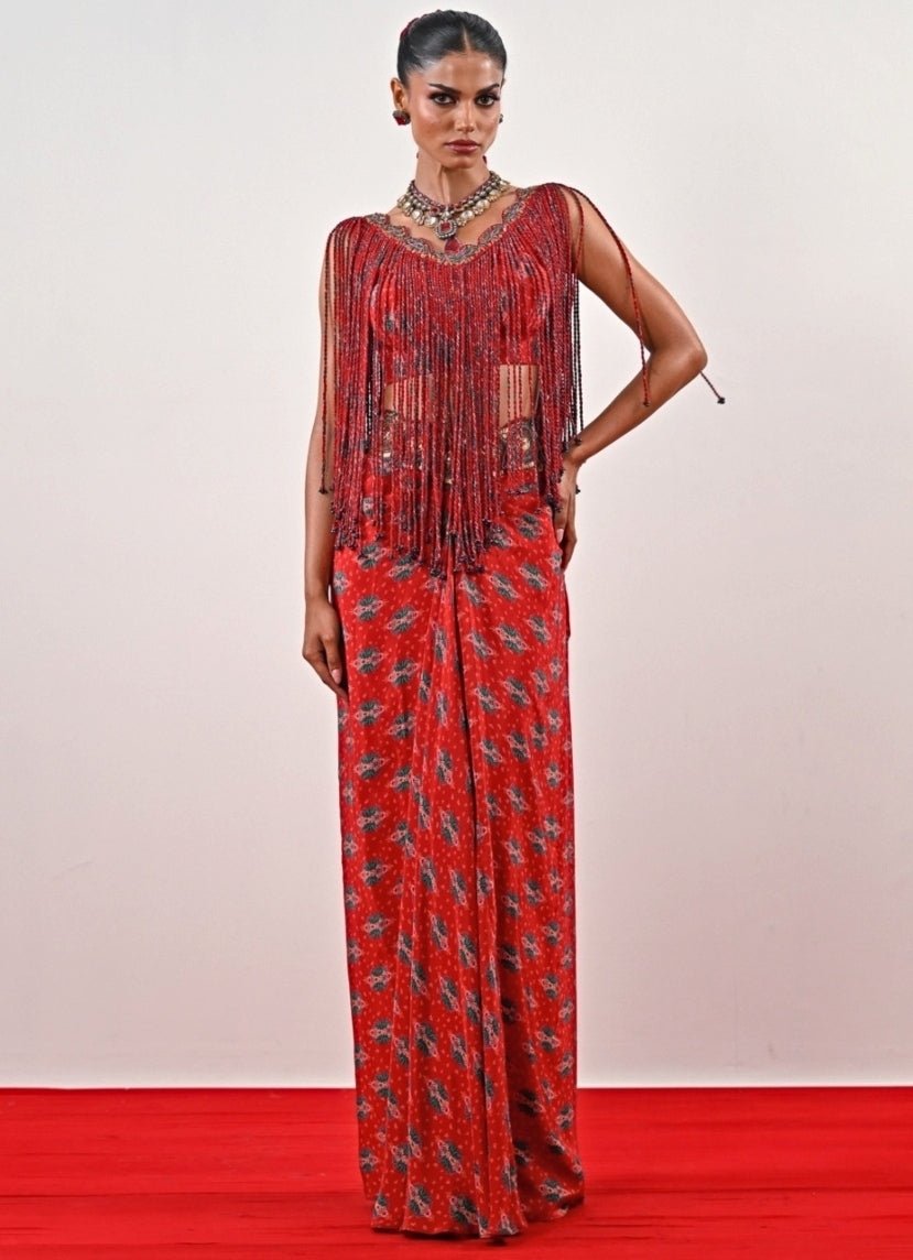 Red Printed Crepe Dhoti Set With Tassle Top Juhi Bengani - Fabilicious Fashion